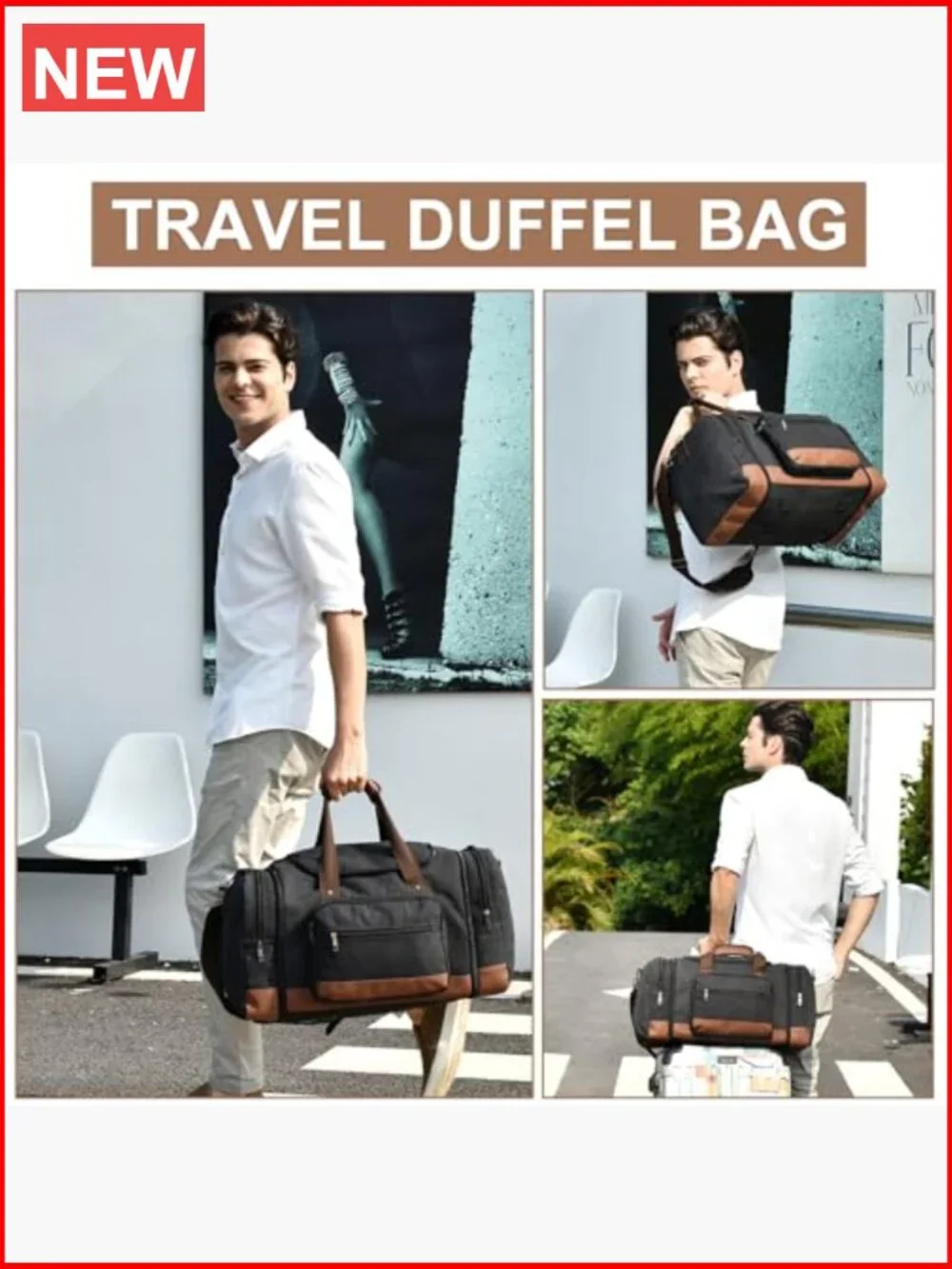 50L Expandable Canvas Travel Duffel Bag with Trolley Sleeve - Overnight Gym